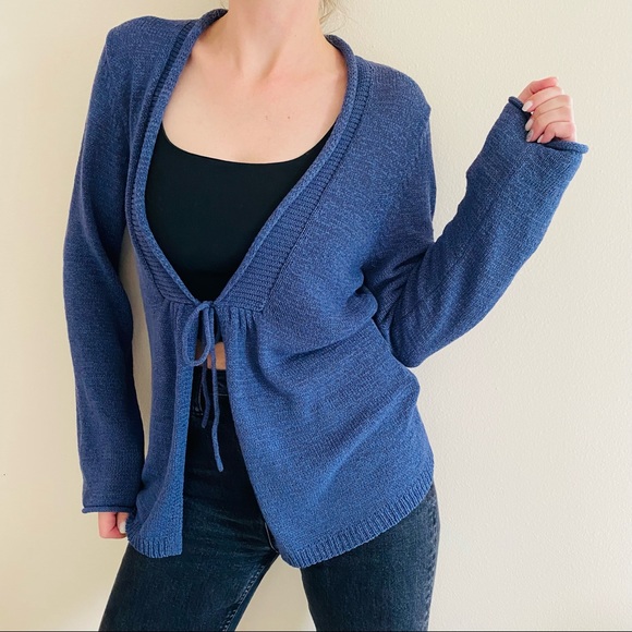 August silk knit open tie cardigan boho blue sweater - Picture 3 of 9